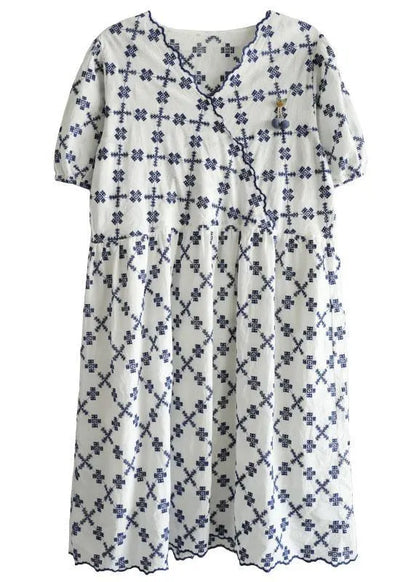 White V Neck Embroideried Summer Cotton Mid Dress Short Sleeve