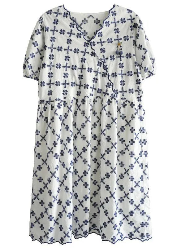 White V Neck Embroideried Summer Cotton Mid Dress Short Sleeve