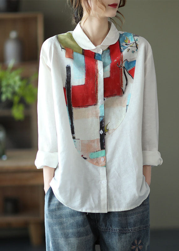 White Peter Pan Collar Print Linen Shirt Top Long Sleeve