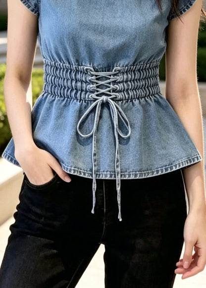French Blue Elastic Waist Denim Shirt Summer