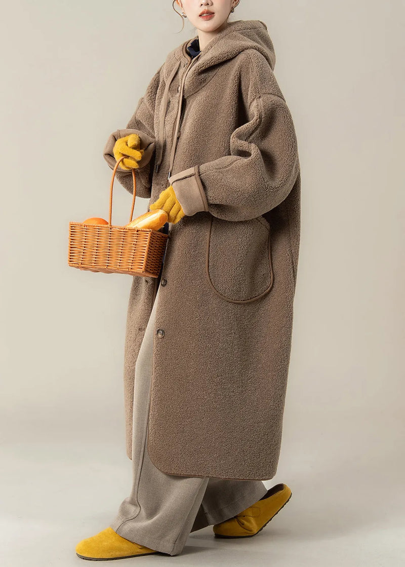 Loose Coffee Hooded Button Pockets Teddy Long Coats Winter