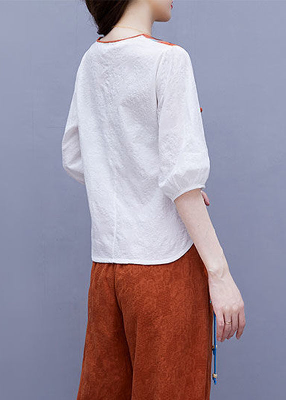 Handmade White V Neck Embroideried Button Top Half Sleeve