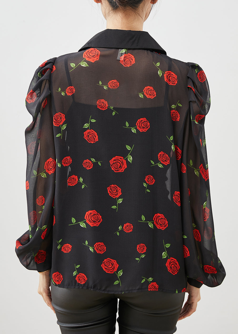 Boutique Black Double Breast Chiffon Shirt Puff Sleeve