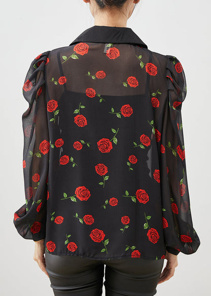 Boutique Black Double Breast Chiffon Shirt Puff Sleeve