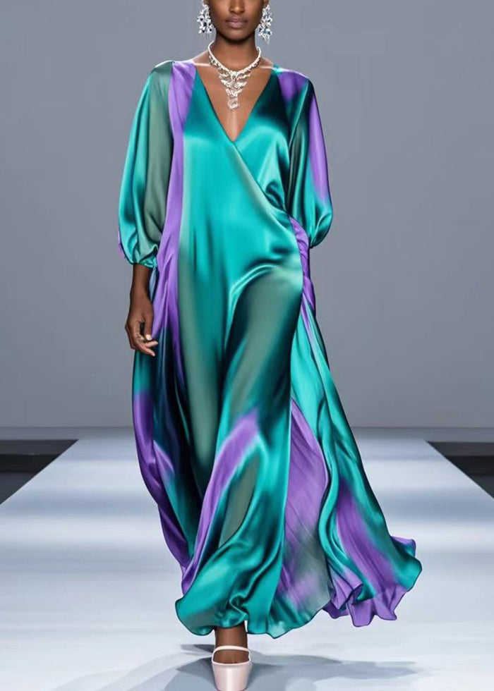 Green Oversized Tie Dye Silk Robe Dresses Bracelet Sleeve