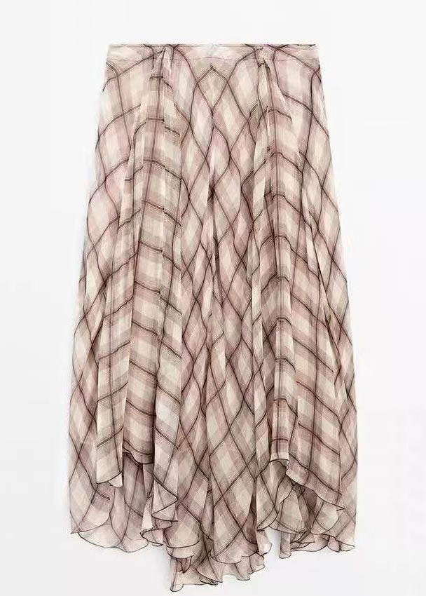 Brown Plaid High Waist Maxi Skirts Fall