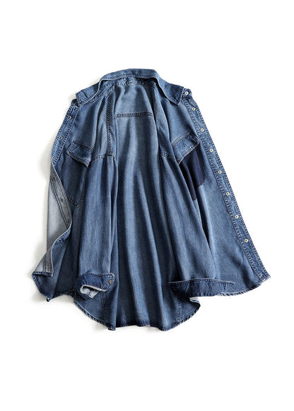 Blue Peter Pan Collar Button Patchwork Denim Shirts Fall