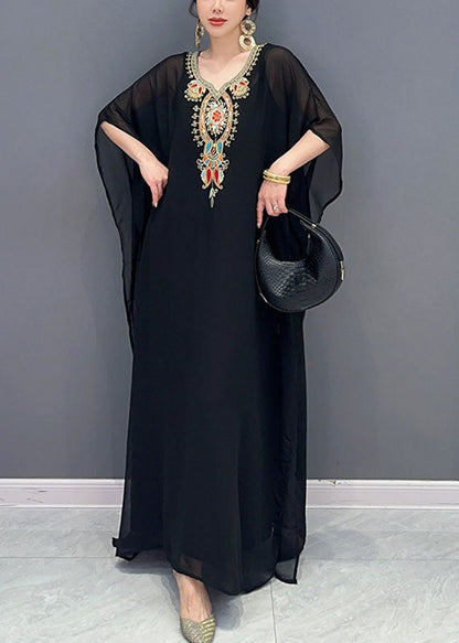 Black V Neck Embroideried Patchwork Tulle Maxi Dresses Long Sleeve