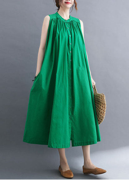 Green Cotton a Line Dress O-neck Oversized Summer