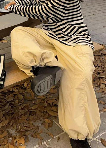 Apricot Drawstring Elastic Waist Cotton Filled Wide Leg Pants Winter