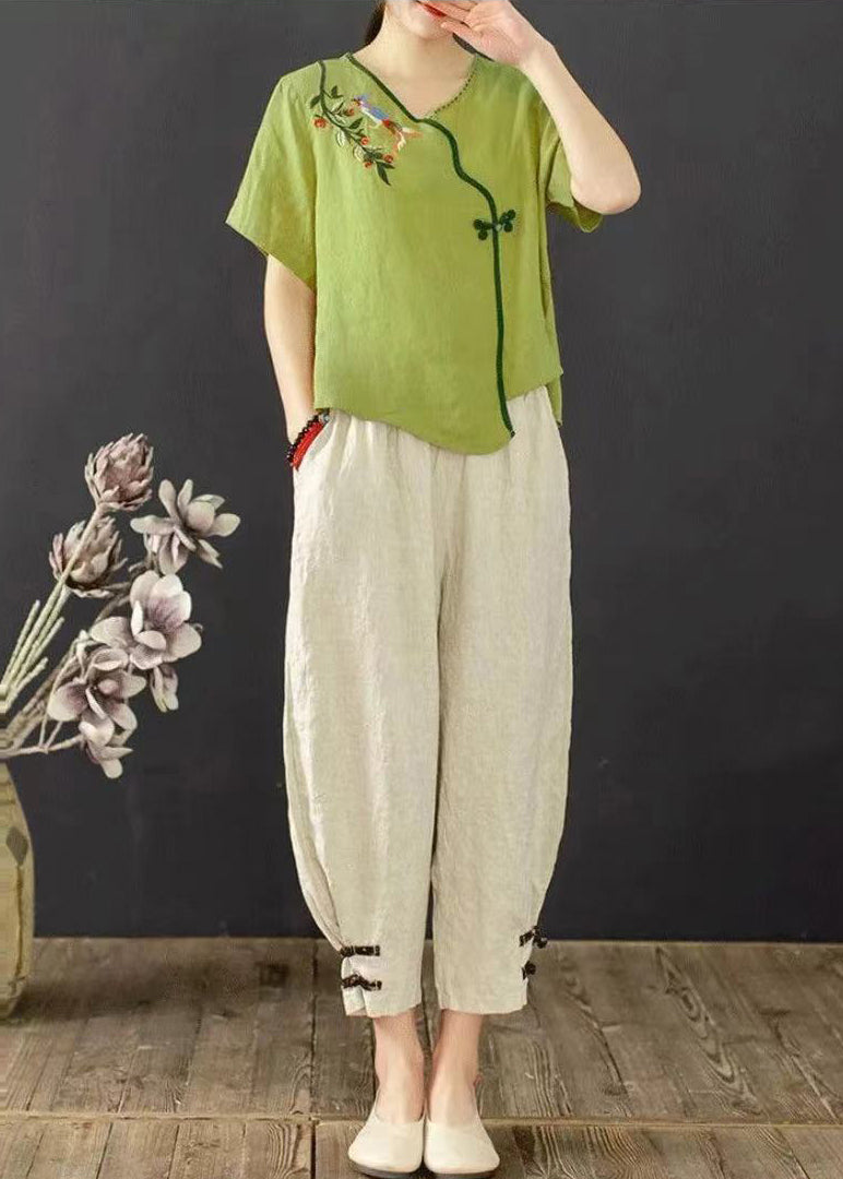 Grass Green Oriental Two Piece Suit Set Embroidered Summer