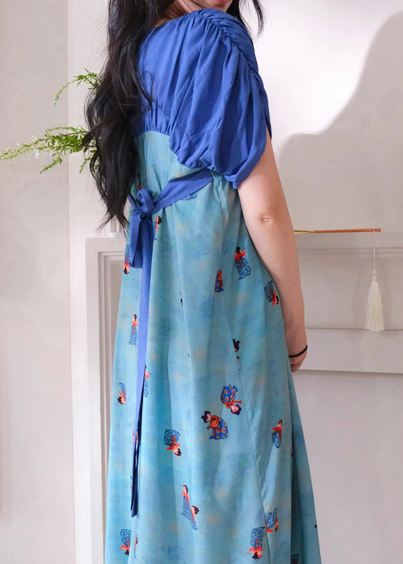 Brief Blue Square Collar Print Long Dresses Pajama Short Sleeve