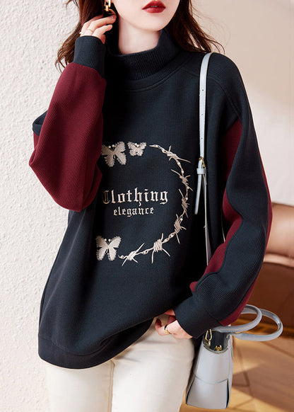 Navy Embroideried Patchwork Warm Fleece Sweatshirt Winter