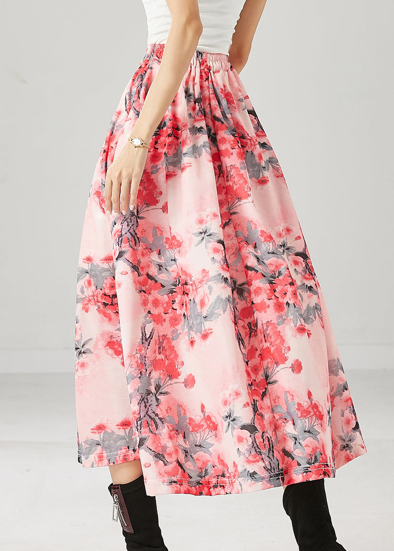 Pink Plum Blossom Print Cotton a Line Skirts Spring