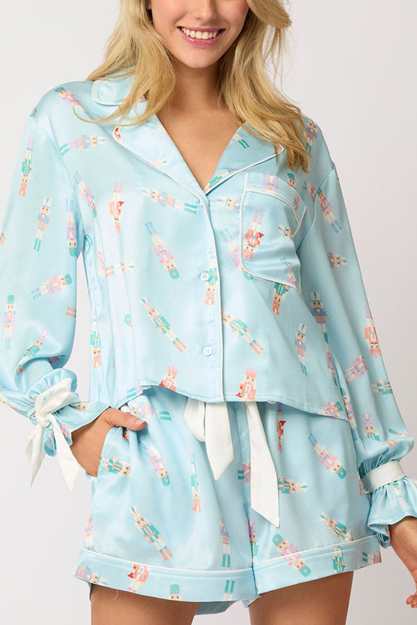 Christmas Print Lace-Up Cuffed Top and Elastic Waist Pocket Casual Shorts Set