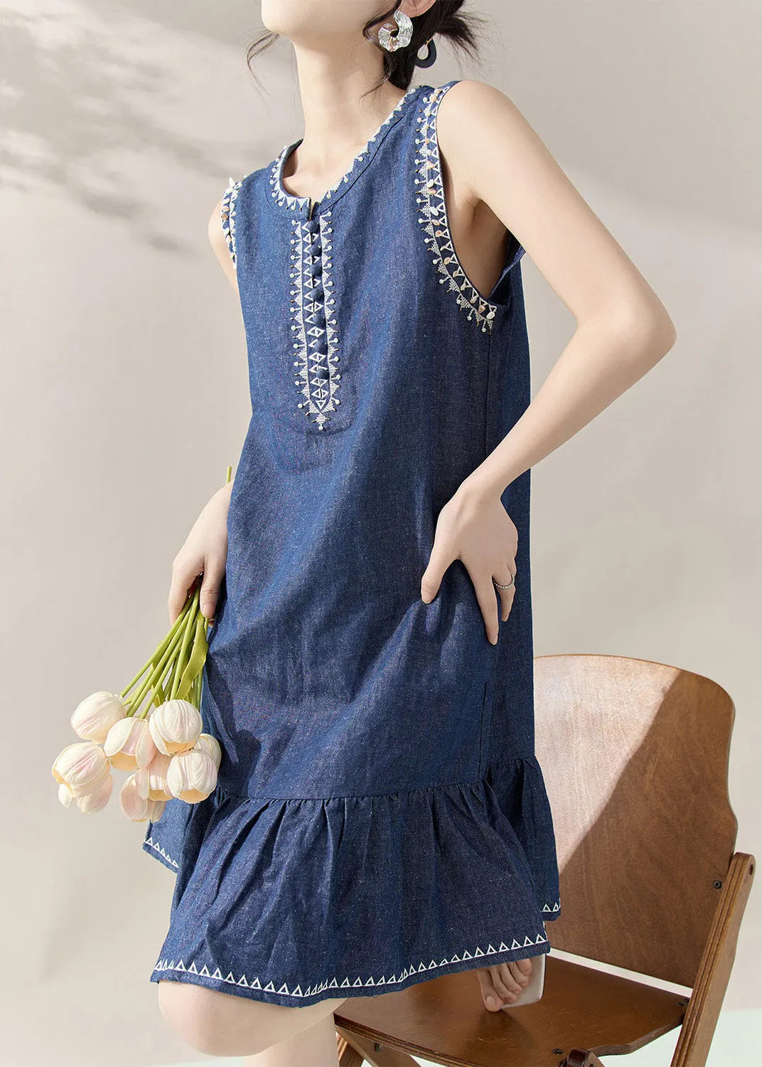 Blue Print Patchwork Denim Mid Dresses Sleeveless