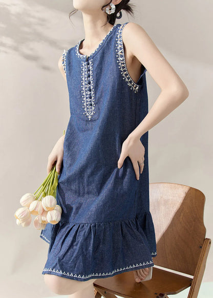Blue Print Patchwork Denim Mid Dresses Sleeveless