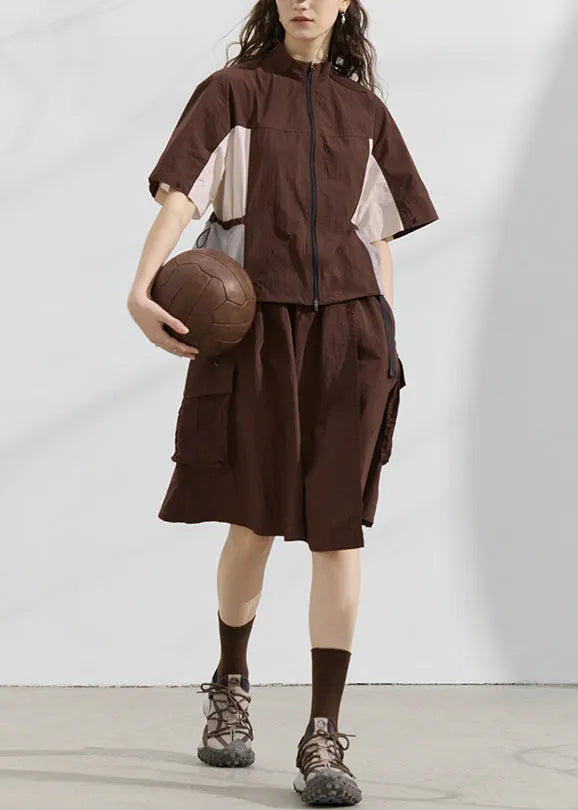 Zip Up Patchwork Tops and Skirts Cotton Two Pieces Set Summer
