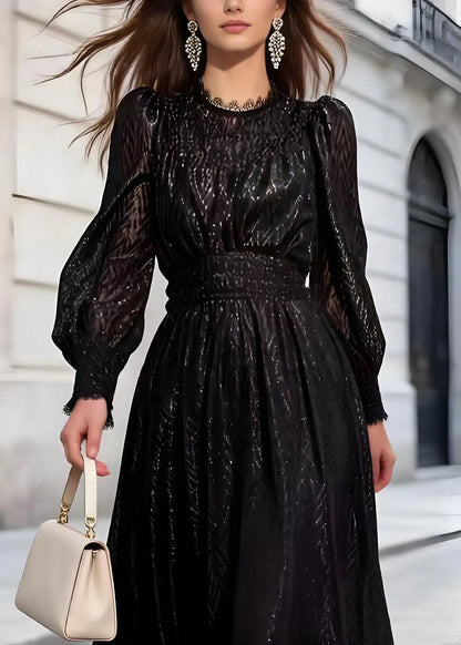 French Black Shiny Thread Lace Patchwork Chiffon Two Pieces Set Fall
