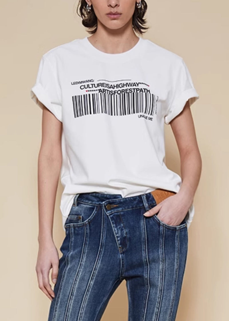 White O Neck Print Cotton T Shirts Summer