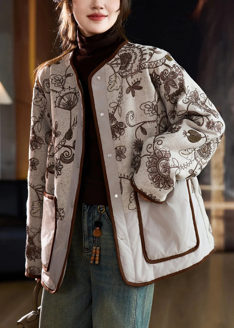 Modern Beige Embroidered Pockets Fine Cotton Filled Linen Coat Winter
