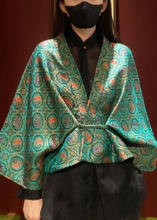 Green V Neck Print Patchwork Silk Two Pieces Set Fall
