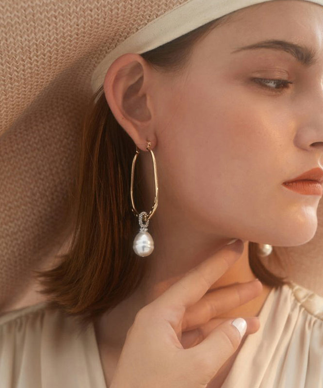 Gold Sterling Silver Alloy Zircon Pearl Hoop Earrings