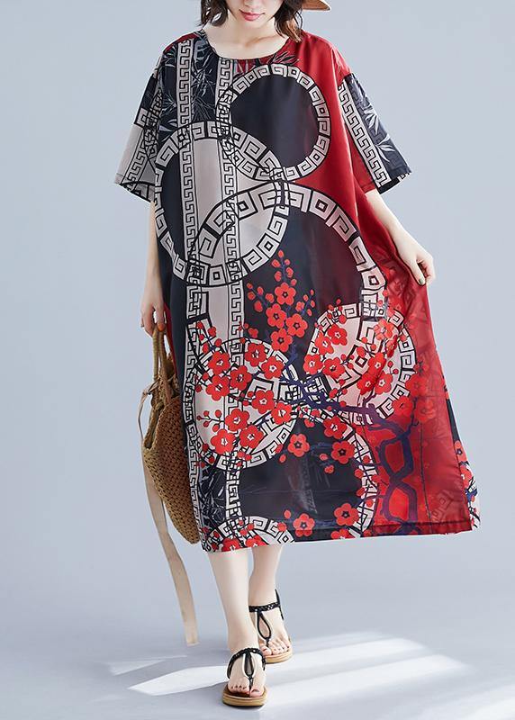 French O Neck Spring Tunics for Red Print Long Dress