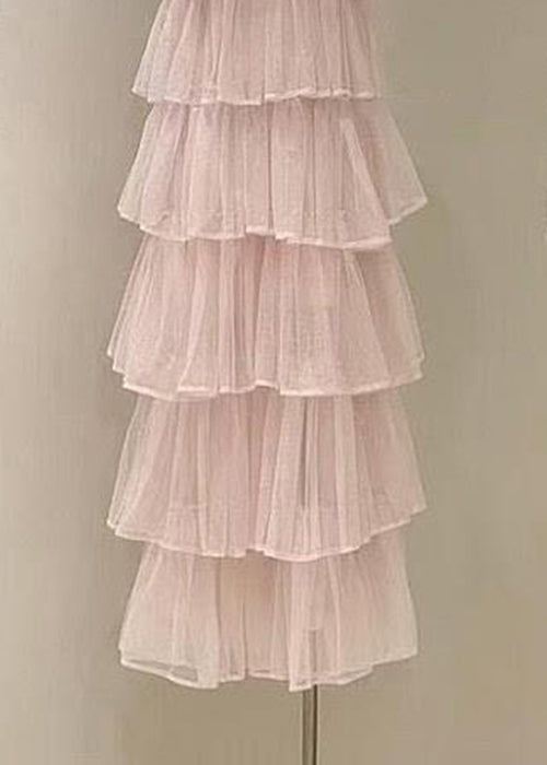 Pink Zircon High Waist Tulle Long Dress Sleeveless
