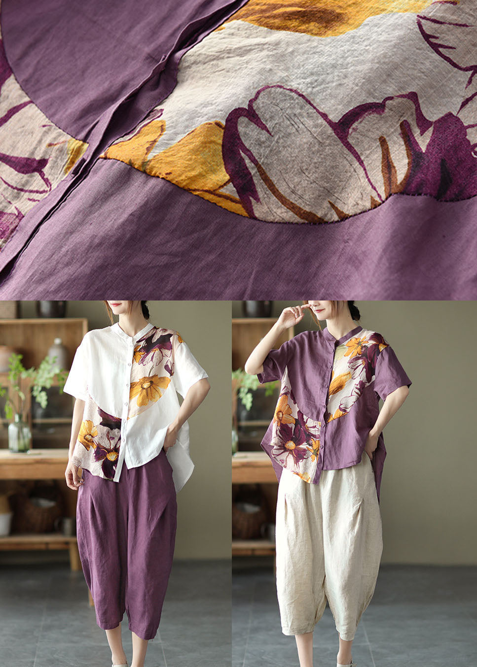 Diy Purple Button Patchwork Fall Half Sleeve Top