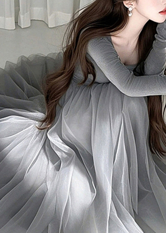 Grey O-neck Tulle Maxi Dress Spring