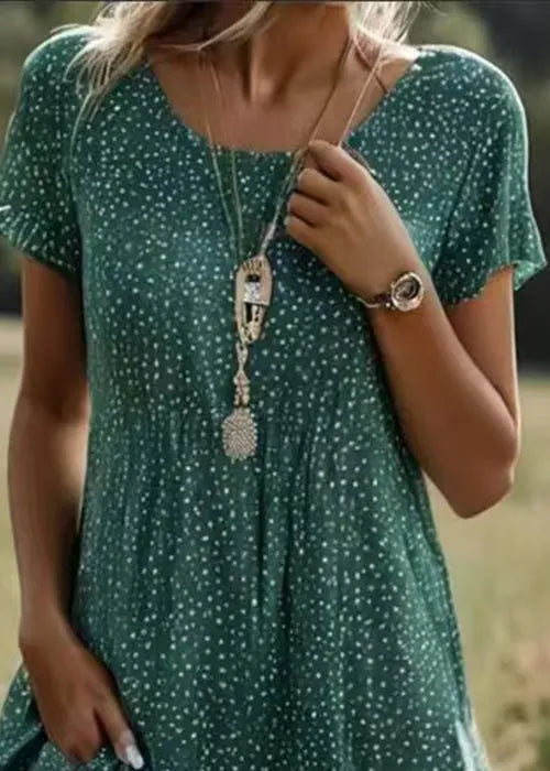 Green O Neck Print Cotton Dress Short Sleeve