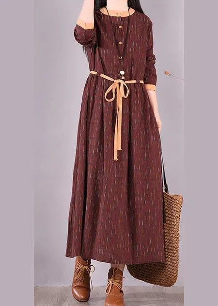 Modern O Neck Tie Waist Spring Wardrobes Shirts Burgundy Striped Dresses