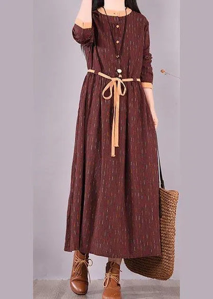 Modern O Neck Tie Waist Spring Wardrobes Shirts Burgundy Striped Dresses