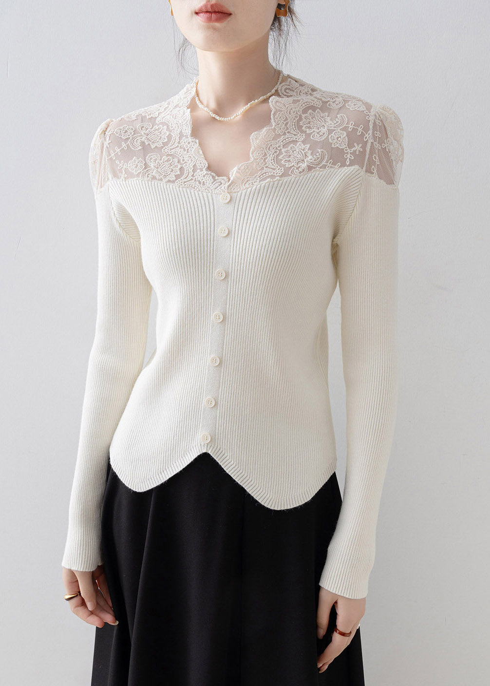 Apricot V Neck Lace Patchwork Knit Sweater Spring