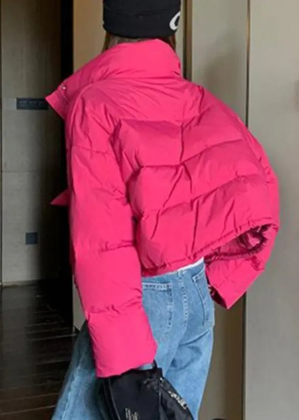 Loose Rose Stand Collar Pockets Drawstring Duck Down Puffer Coat Winter
