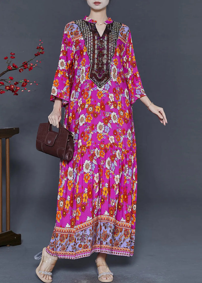 Diy Rose V Neck Print Cotton Vacation Dresses Summer