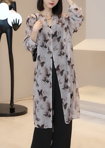 Light Brown V Neck Print Long Cardigan Summer