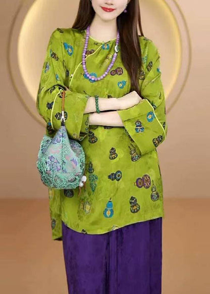 Chinese Style Green O Neck Print Patchwork Silk Shirt Fall