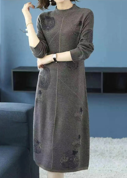 Grey Turtleneck Patchwork Cotton Knit Dress Fall