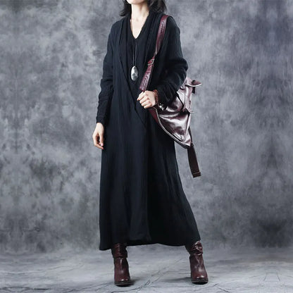 Black V Neck Patchwork Pockets Fall Dresses Long Sleeve