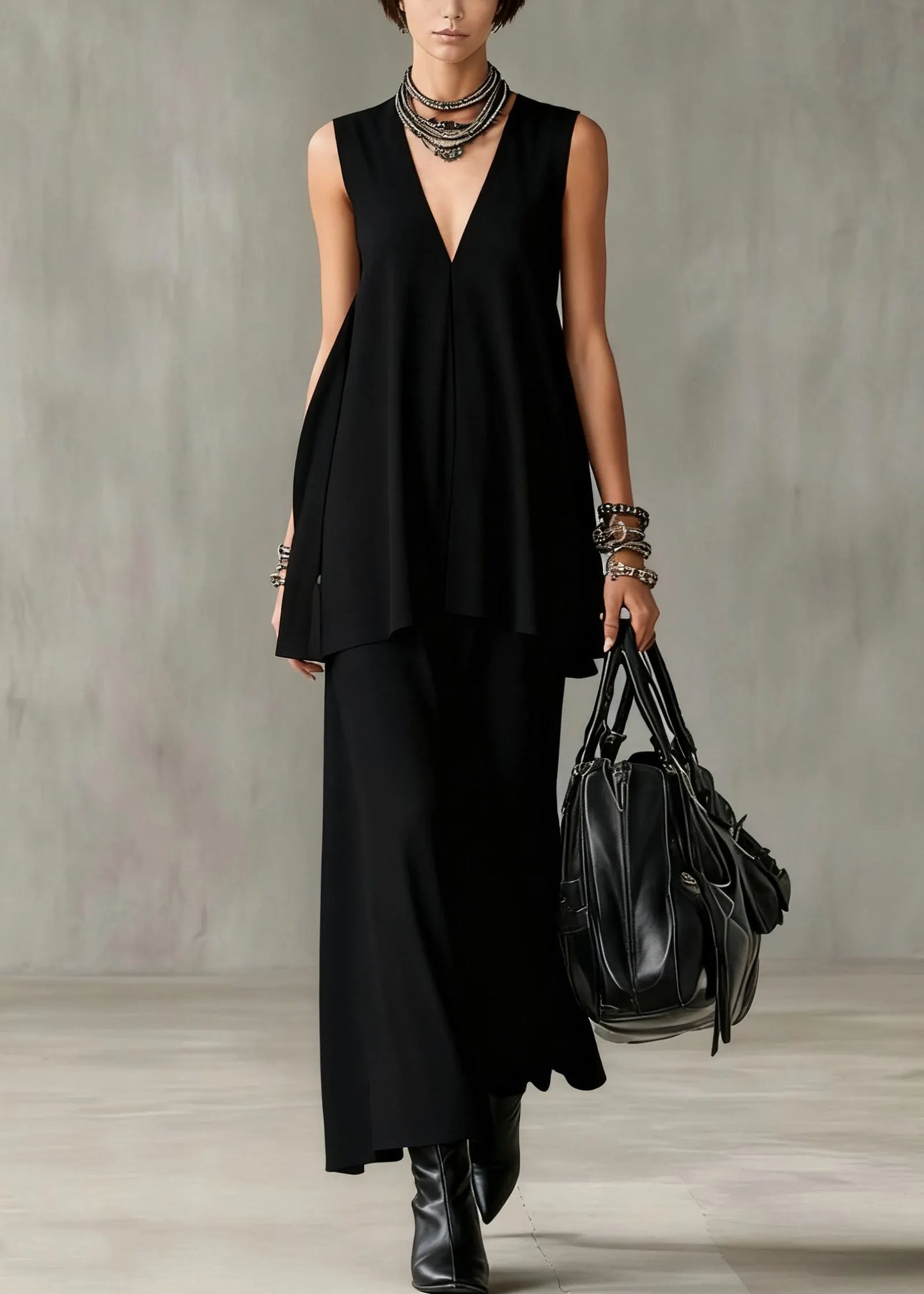 Slim Fit Black V Neck Tops and Skirts Cotton Two Pieces Set Sleeveless