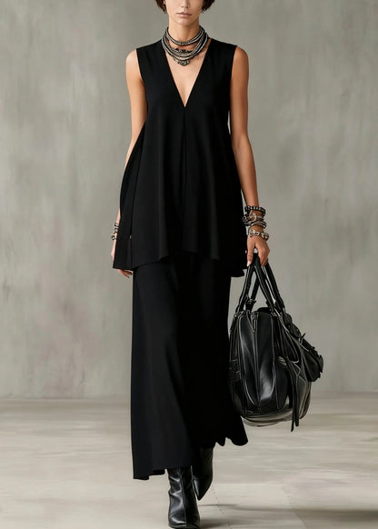 Slim Fit Black V Neck Tops and Skirts Cotton Two Pieces Set Sleeveless