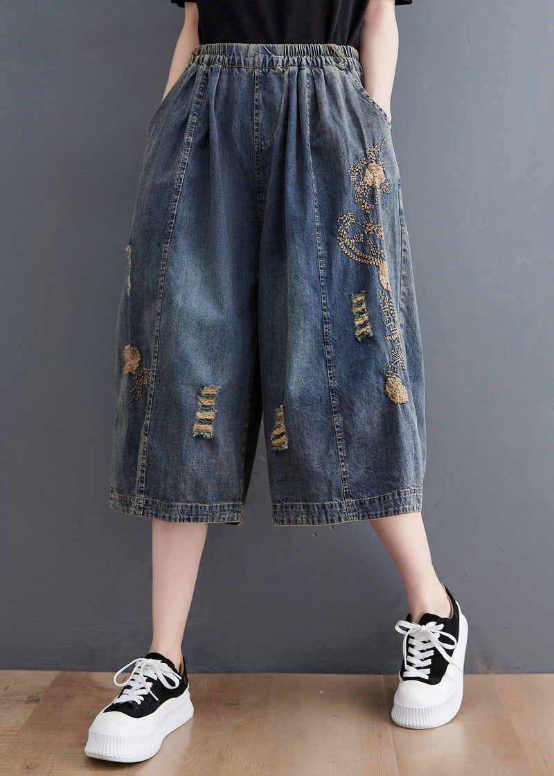 Blue Embroidered Hole Crop Jeans