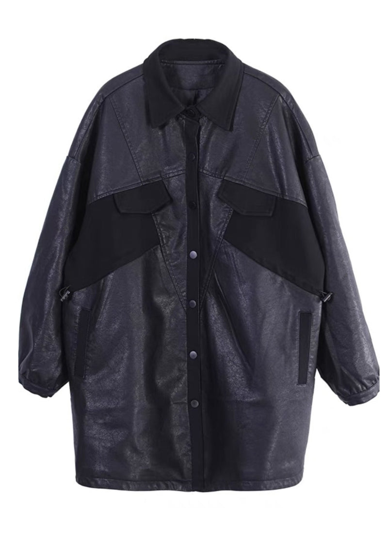 Black Oversized Patchwork Faux Leather Coat Outwear Spring