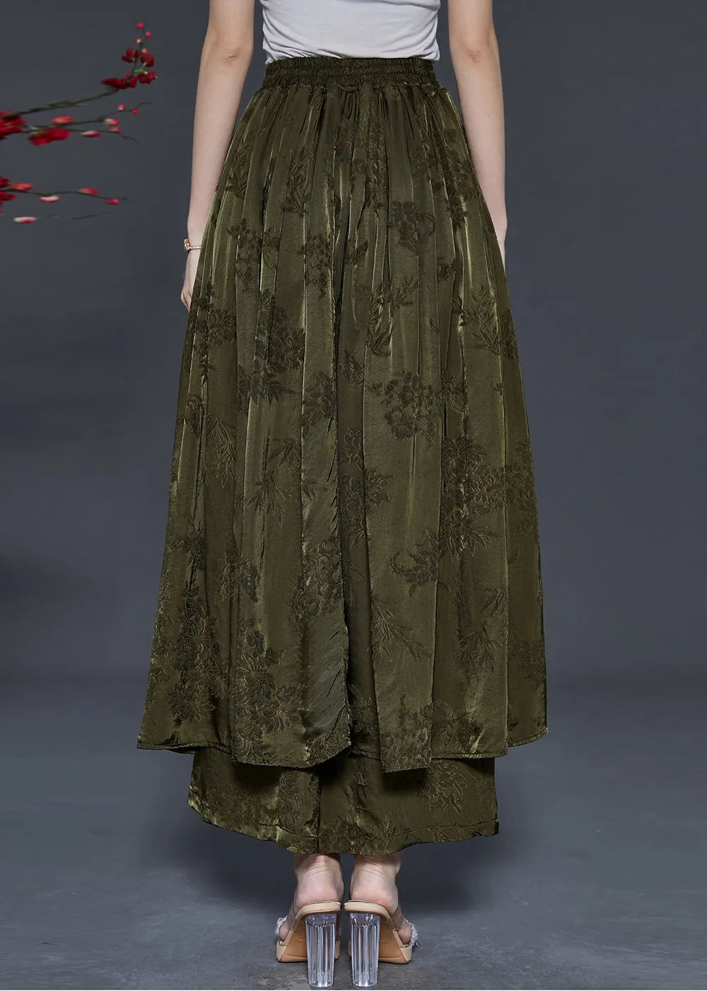 Boutique Green Tasseled Print Silk Skirt Fall