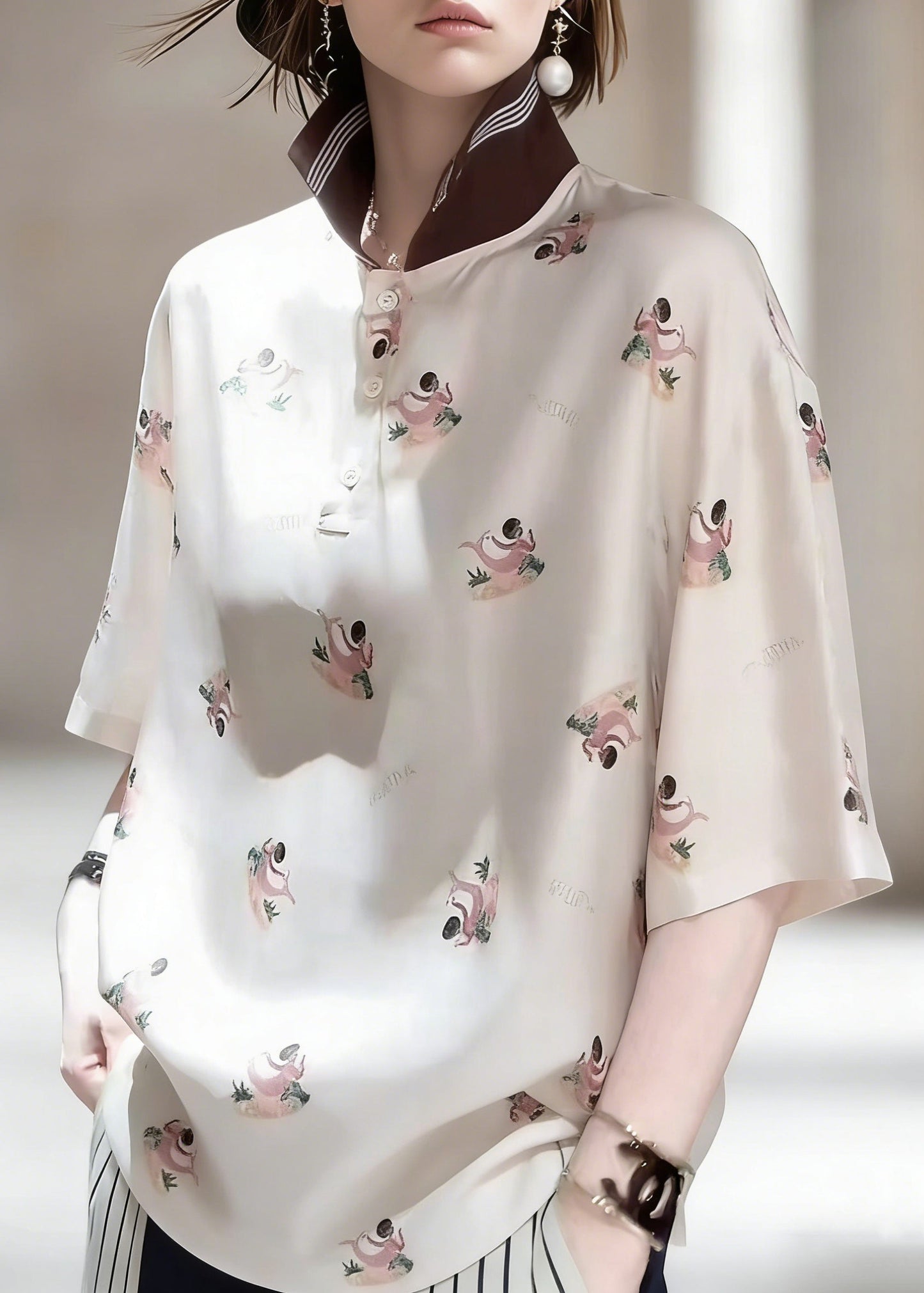 Peter Pan Collar Print Patchwork Silk Shirts Half Sleeve