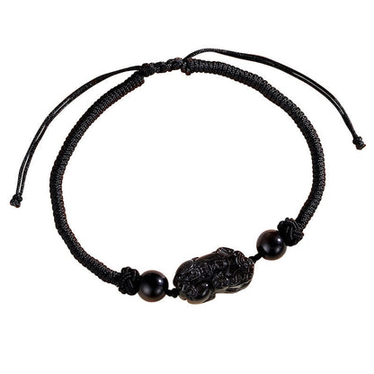 Buddha Stones Handmade Natural Silver Sheen Obsidian Strawberry Quartz Pixiu Protection Braided Bracelet