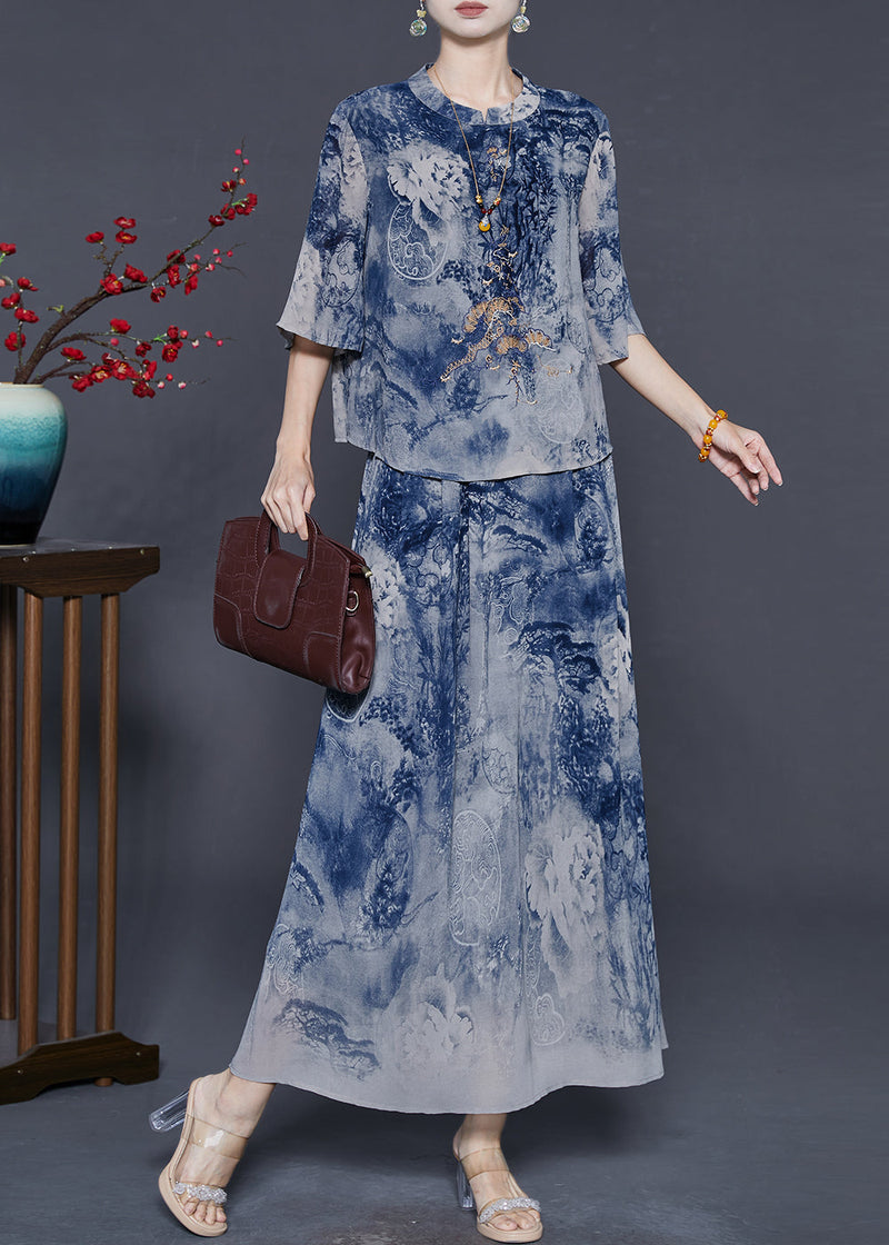Blue Print Chiffon Two Piece Set Outfits Summer