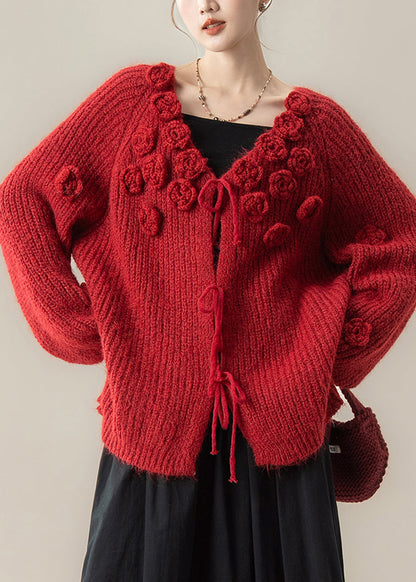 Red Lace Up Knit Loose Cardigan V Neck Spring